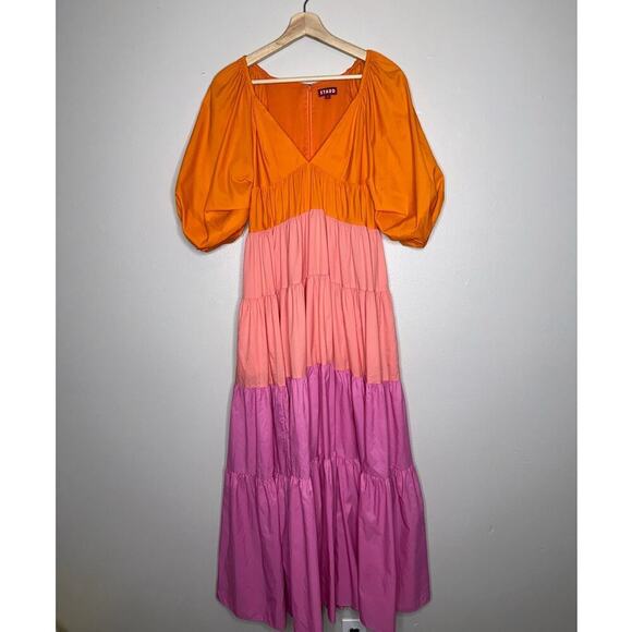 Staud Meadow Color Block Maxi Dress Puff Sleeves Pink Orange Size XS V-Neck - Picture 3 of 9